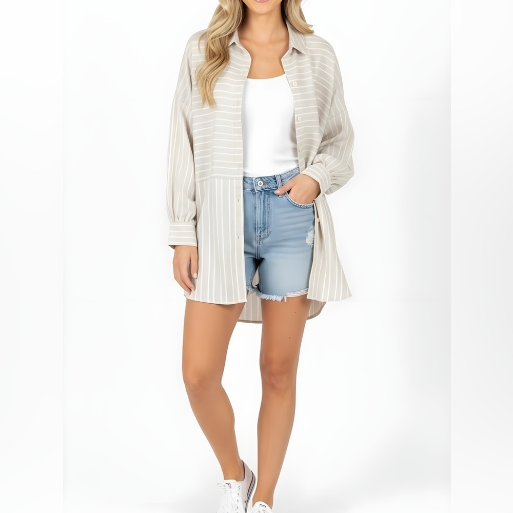 Casual Oversized Deep Back Boyfriend Striped Long Sleeve Collar Shirt Dress
